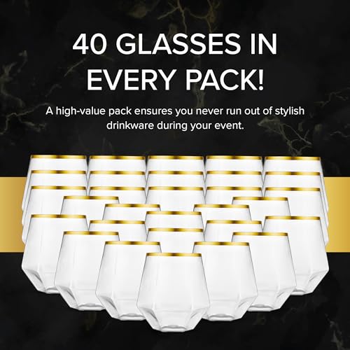 Kitchen Lux 40 Pack Diamond Plastic Wine Glasses Disposable, Gold Cups, Wine Cups, Cocktail Glasses, Plastic Glasses Drink...