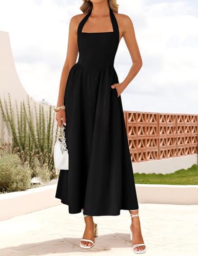 ZESICA Women's Summer Sleeveless Halter Midi Dress 2026 Off Shoulder High Waist Flowy Beach Wedding Guest Long Dresses