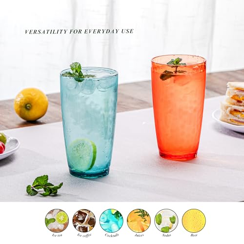 MIYOPESI 20oz Coloful Acrylic Glasses Drinkware (Set of 6), Hammered Design Shatter-Proof Plastic Cups, Reusable Plastic L...