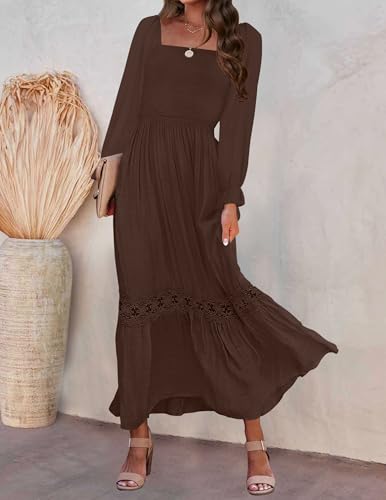ZESICA Women's 2026 Boho Long Sleeve Square Neck Smocked High Waist Flowy A Line Lace Trim Maxi Dress