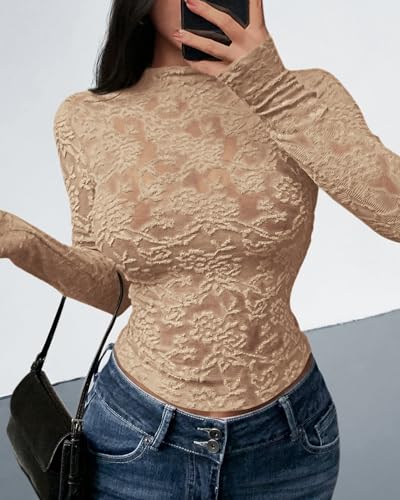BTFBM Mesh Long Sleeve Tops for Women Lace Sexy Sheer Tight See Through Crew Neck Spring Fall 2026 Party Club Outfits
