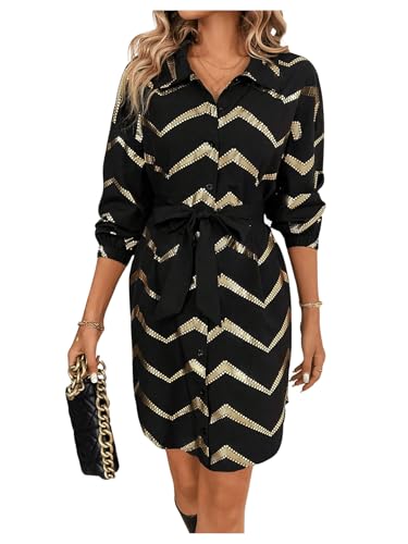 SweatyRocks Women's Metallic Gold Long Sleeve Dresses Collar Shirtdress Casino Night Party Outfit