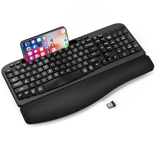 Ergonomic Wireless Keyboard with Cushioned Wrist Rest, Wave Keys, Phone Holder, Comfortable Natural Typing, 2.4GHz Full Si...