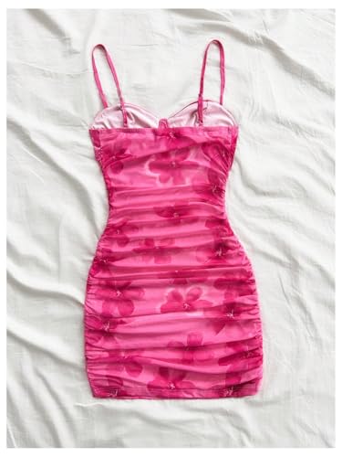 SOLY HUX Women's Summer Floral Corset Dress Spaghetti Strap Ruched Mesh Bodycon Vacation Mini Dresses