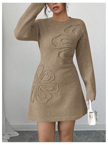 Verdusa Women's Floral Jacquard Sweater Dress Elegant Long Sleeve Short A Line Dresses Fall Clothes Festival Outfits