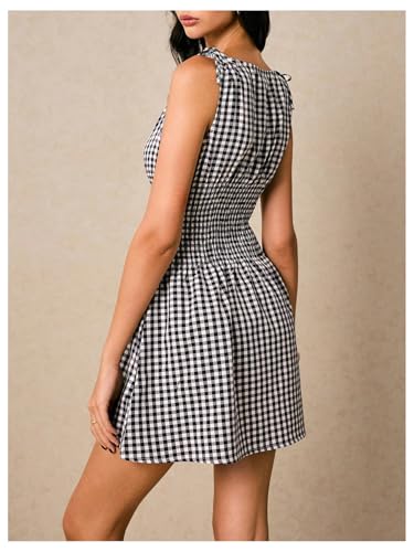 Floerns Women's Tie Shoulder A Line Gingham Dress Boat Neck Mini Checkered Elegant Dresses
