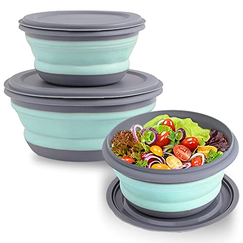 Huntoshon Collapsible Bowls, 3pcs Food Grade Silicone Camping Bowl Salad Bowl with lids, Portable Expandable Lunch Box Foo...
