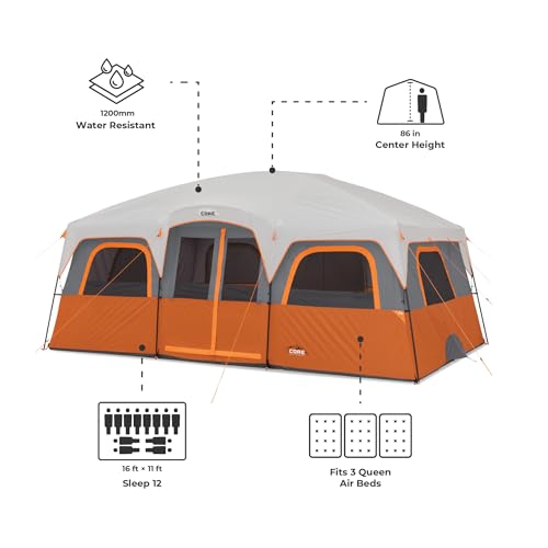 CORE Tent for Family Camping | 10 Person / 11 Person / 12 Person Large Multi Room Cabin Tents for Car Camping & Outdoor Ad...