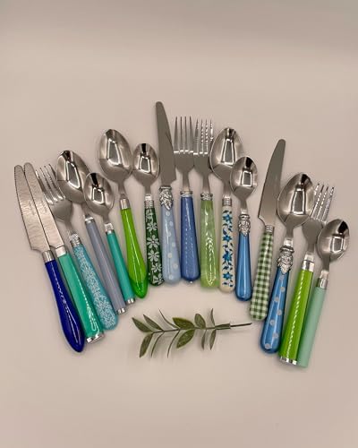 The Original Brink House Eclectic Blue Green Mix & Match Stainless Steel Cutlery Set / 16 pieces with Metal Stand/Lifestyl...
