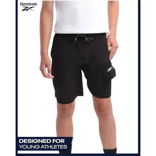 Reebok Boys Shorts - 2 in 1 Basketball Shorts with Compression Liner and Pockets - Gym and Running Boys Athletic Shorts