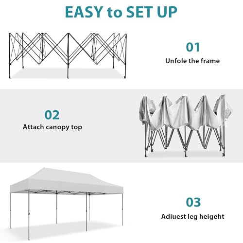 GDY 10x20 ft Instant Pop up Canopy, Folding Heavy Duty Height Adjustable Shelter Gazebos with Wheeled Bag,White.