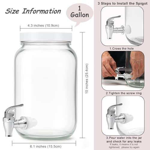 1 Gallon Large Glass Drink Dispensers for Parties, Glass Iced Beverage Dispensers with Spigot, Reusable Water Dispenser Co...