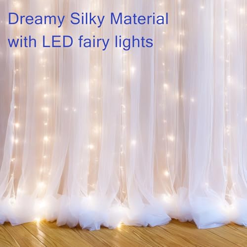 Realparkly White Tulle Backdrop Curtain with Lights, Elegant Sheer Photo Backdrop Drapes, Soft Fabric & LED Curtain for We...