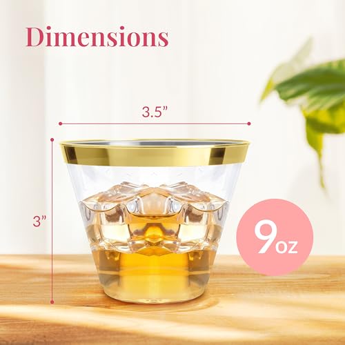 Prestee 100-Pack 9oz Gold Rimmed Plastic Cups Disposable Wine Glasses for Charcuterie, Weddings, Parties, and Events - Ele...