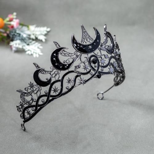 Celestial Queen Rhinestone Crown for Women, Gothic Moon and Star Tiara Headpiece, Royal Adult Cosplay & Bridal Wedding Hai...