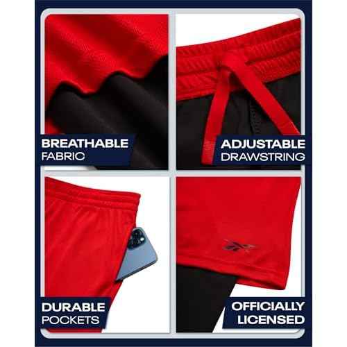 Reebok Boys Basketball Shorts - 2 Pack 2-in-1 Boys Athletic Shorts for Running with Compression Leggings Pockets & Drawstring