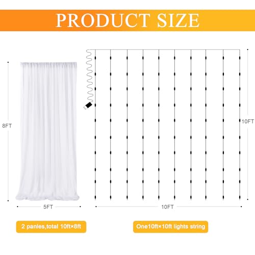Fomcet Tulle Backdrop Curtains with Lights String White 10FT X 8FT Sheer Curtain with Lights Tulle Curtains Backdrop for W...