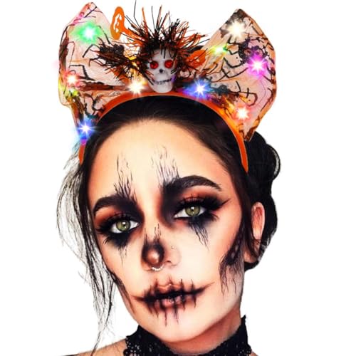 Sinalty Light up Halloween Bow Headbands LED Ghost Head Hairband Glowing Cosplay Hair Accessories for Women