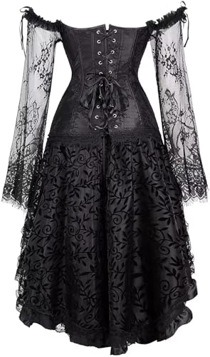 Jutrisujo Corset Top Skirt Set Dress Bustier Lace Long Sleeves Floral Plus Size Costume Halloween Women Black XXS
