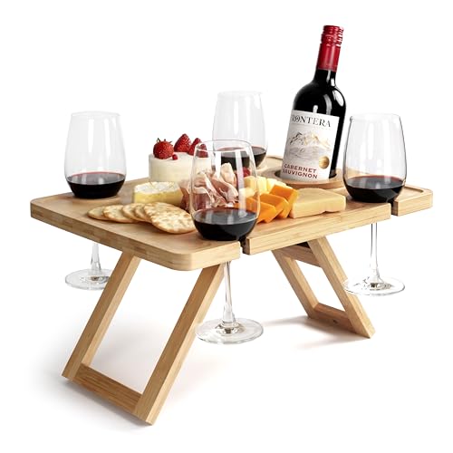 Outdoor Wine Picnic Table, Wooden Folding Picnic Table with Glass Holder, Bamboo Wine Glass Snack Tray for Indoor & Outdoo...