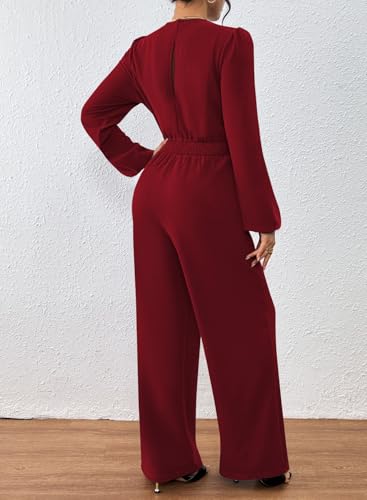 Pink Queen 2025 Jumpsuits for Women Dressy Long Sleeve V Neck Wide Leg Pants Romper Business Casual Outfits