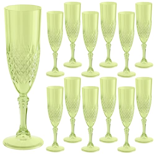 HTTBEIZI Light Green Champagne Flutes Set of 12 7oz, Plastic Reusable Glasses Cups Goblets Shatterproof Unbreakable, for V...