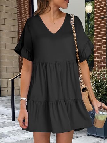 ANRABESS Dresses for Women Summer 2026 V Neck Ruffle Sleeve A Line Tiered Flowy Casual Trendy Mini Beach Dress with Pockets