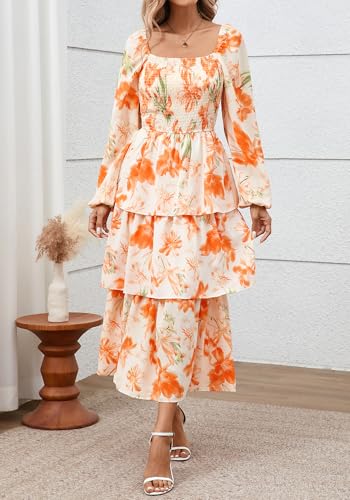 BTFBM Spring Dresses for Women 2026 Floral Long Sleeve Smocked Square Neck Ruffle Tiered Flowy Party Wedding Guest Dress