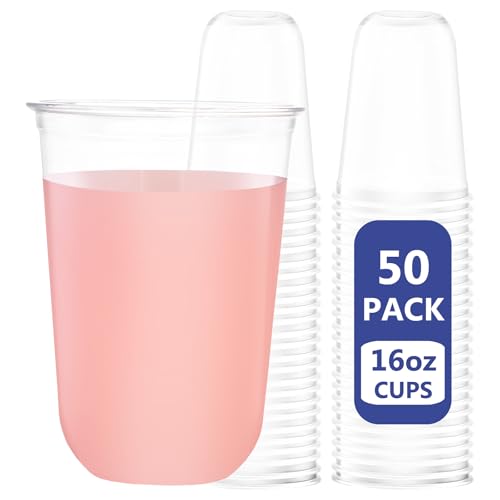 WELLIFE 16 oz Clear Plastic Cups, 50 Pcs Disposable Wine Glasses Stemless Cocktail Punch Cups for Cold Drinking Party Supp...