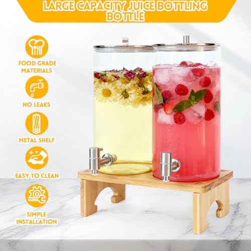 2 Pack 1.5 Gallon Drink dispenser with Stand，Glass Beverage Dispenser With Wood Stand, 18/8 Stainless Steel Spigot and Lab...