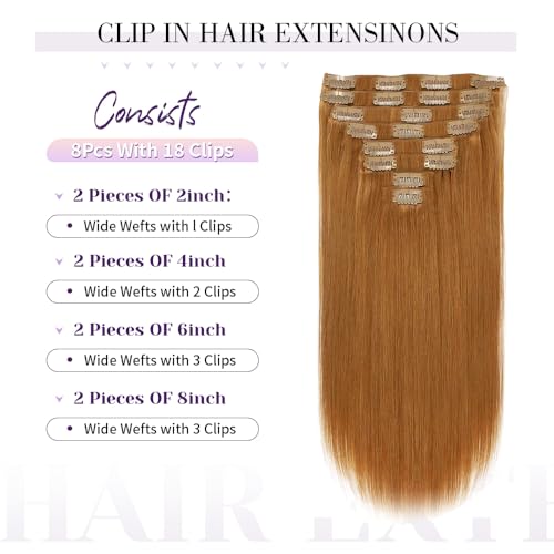 Remy Hair Extensions clip ins Hair Etensions for Women #30 Light Ginger Brown Double Weft Natural Hair Extensions Straight 8Pcs Soft and Thick 20inch 100g