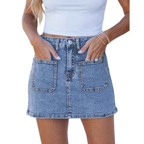 luvamia Jean Skorts for Woman Trendy High Waisted Stretchy Denim Skirt with Shorts Casual Patch Pocket Mini Skort Skirts