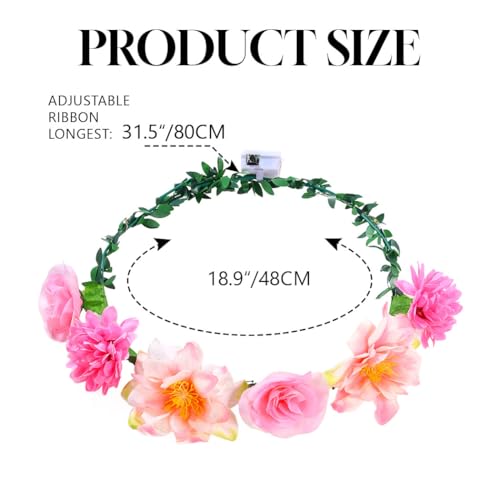 DRESBE Light Up Flower Headbands LED Floral Garland Crown Headband Glowing Party Wreath Hair Accessories for Women (Pink)