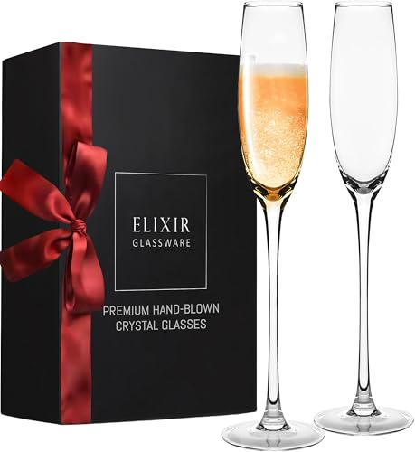 ELIXIR GLASSWARE Champagne Flutes - 5 oz - Set of 2 Crystal Glass Flutes, Hand Blown Edge Champagne Glasses - Premium Crys...