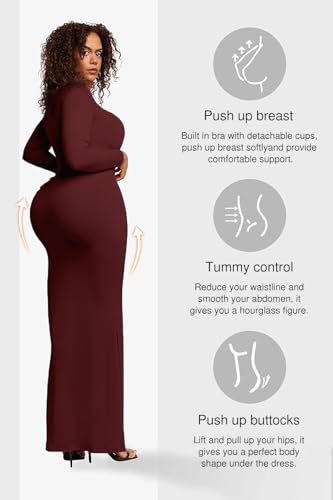 Popilush Women's Long Sleeve Maxi Dress Built-in Shapewear Bra Square Neck Fall Formal Wedding Guest Cocktail Bodycon Dresses