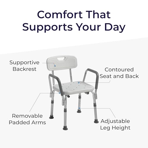 Drive Medical Shower Chair with Back & Padded Arms - Adjustable Height Bath Seat for Safety & Comfort - Lightweight Alumin...