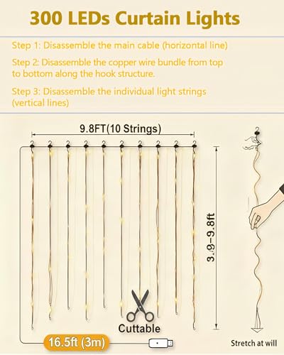 Curtain Lights for Bedroom 300 LED Fairy String Lights with Remote, 8 Modes Timer, USB Plug in Waterproof Twinkle Lights f...