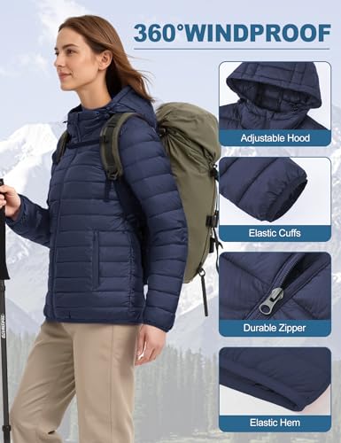 Women's Lightweight Packable Puffer Jacket Quilted Insulated Warm Winter Coat Full-Zip Hooded Outerwear for Hiking Travel