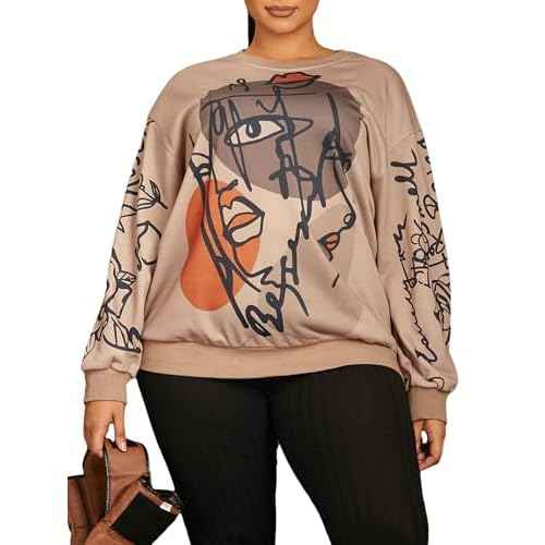 WDIRARA Women's Figure Graphic Print Sweatshirt Round Neck Long Sleeve Contrast Color Graffiti Pullovers