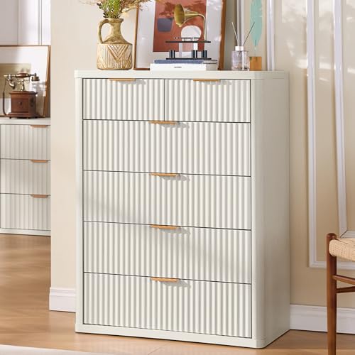 LEYAOYAO Fluted 6 Drawers Dresser for Bedroom, 43" Tall Modern Chest of Drawers with Metal Handle, Curved Profile Design,White Wood Drawer Organizer for Bedroom, Living Room, Hallway, Entryway