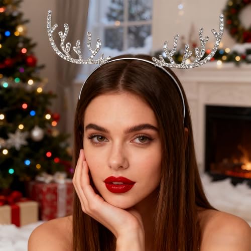 HIFANMM Christmas Headband Metal Deer Antler Hair Band for Women Girls, Shiny Rhinestone Headbands Winter Silver Reindeer ...