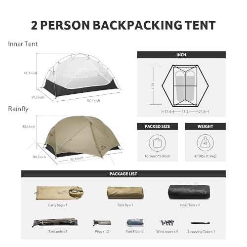 Naturehike Mongar UL 1-2 Person Backpacking Tent,15D Nylon Waterproof Ultralight One Person Two Person Tent with Footprint