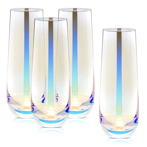 Sparkle and Bash Iridescent Stemless Champagne Flutes & Mimosa Glasses, Set of 4-10 oz Capacity Modern Holographic Drinkwa...