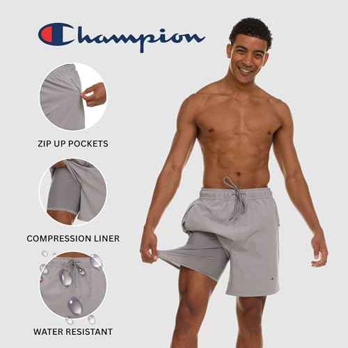 Champion Mens Swim Trunks with Compression Liner, 2 in 1 Mens Bathing Suit Shorts, 7 Inch Inseam Board Shorts for Swimming