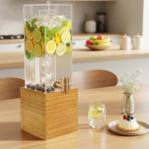Beverage Dispenser with Stand, 2 Gallon Drink Dispenser, Acrylic Beverage Dispenser with Wood Stand, Drink Dispensers for ...
