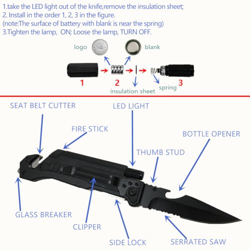 ALBATROSS 6-in-1 Survival Tactical Military Folding Pocket Knives with LED Light,Seatbelt Cutter,Glass Breaker,Magnesium F...