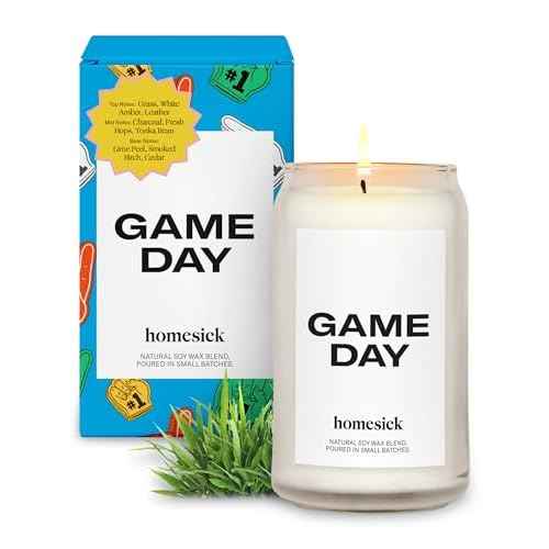 Homesick Scented Candles for Home (Game Day) - 13.75 oz Long-Lasting Soy Wax Blend Jar Candle Gifts for Women & Men, 60-80 Hours Burn Time - Notes of White Amber, Tonka Bean & Smoked Birch