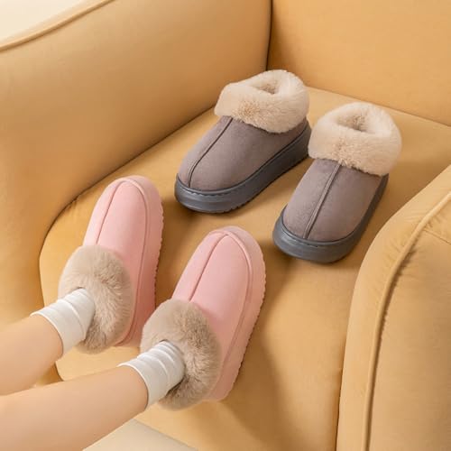 Fuzzy Collar Warm Shoes for Women and Men, Non-slip Fluff Memory Foam Closed-back Winter Slippers, Faux Wool Outdoor Indoo...