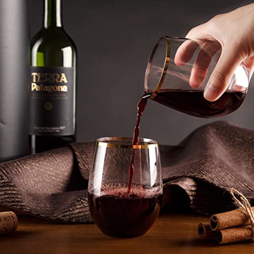 SUT 32 Pack 12oz Gold Rimmed Plastic Wine Glasses Stemless, Disposable Wine Cups with Premium Quality, Reusable, Unbreakab...