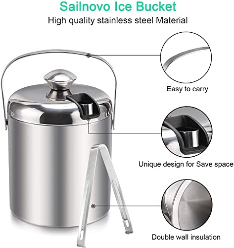 Sailnovo Ice Bucket, Double-Wall Stainless Steel Insulated Ice Buckets with Lid and Ice Tong, Ideal for Cocktail Bar, Part...